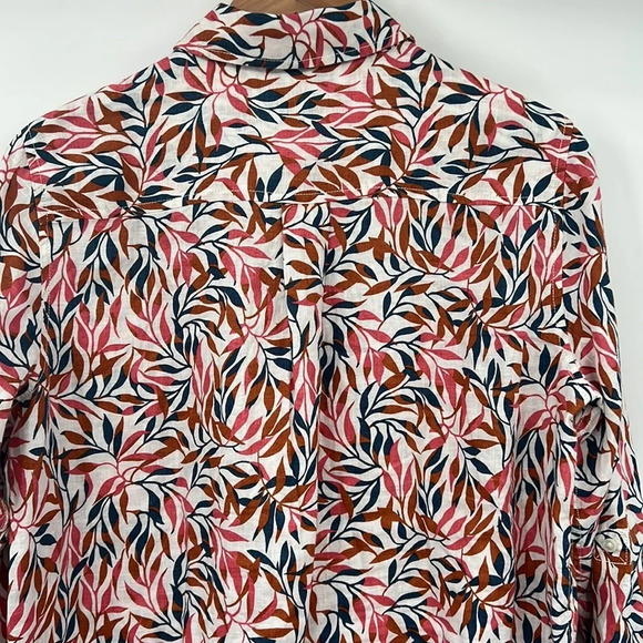 Lands End Button Front Shirt Womens Medium Leaf Print Tropical Linen Long Sleeve - Picture 9 of 12